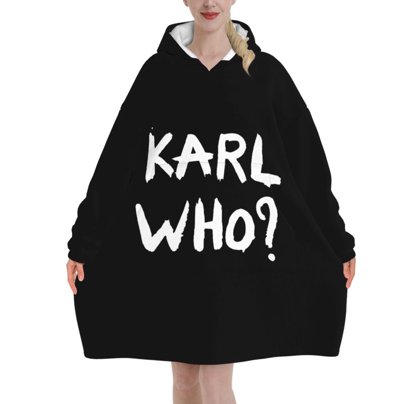 Sherpa Hoodie Fleece - Karl Who Slogan Siyah Giyilebilir Kapüşonlu